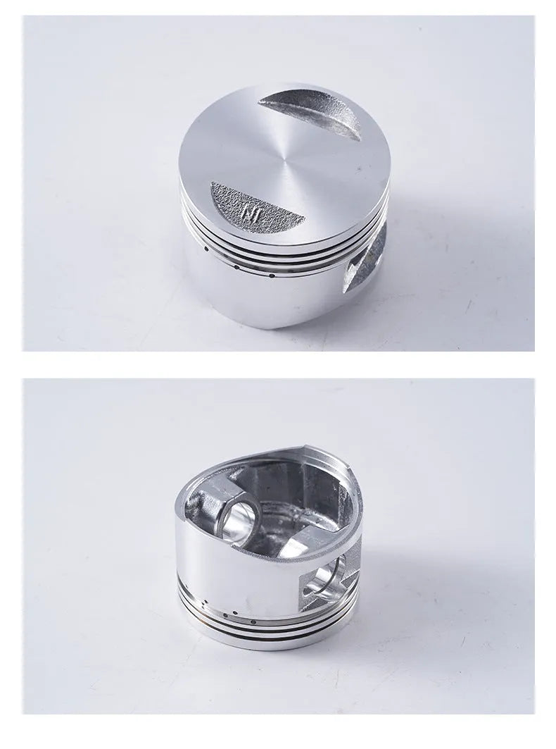 Motorcycle engine piston kit showing aluminium piston, rings, and pin for 57.4mm cylinder diameter