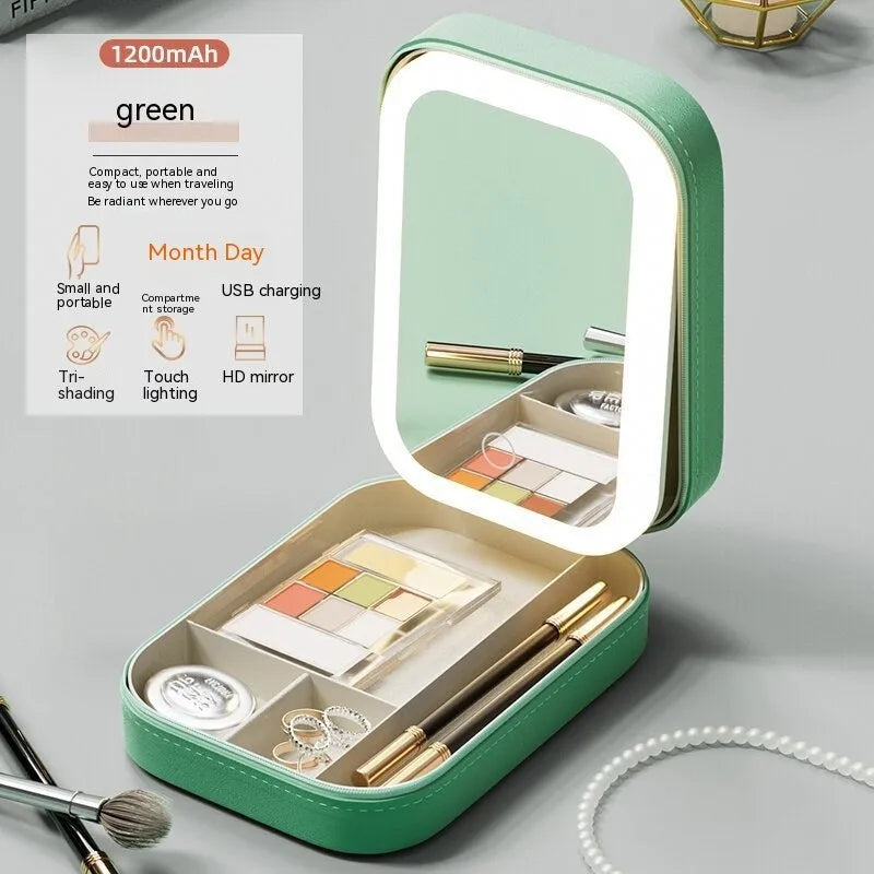 Portable makeup storage box with LED light mirror in cherry blossom pink, showing touch control and storage compartment.