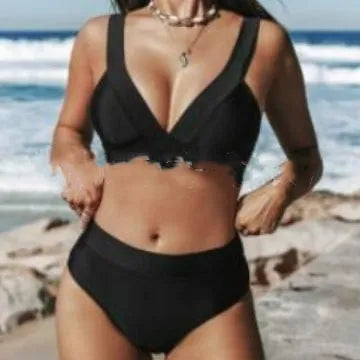 Women's solid colour bikini set in polyester fabric showing top and pants