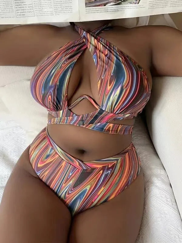 Women's plus size high waist floral bikini swimsuit with split leg design