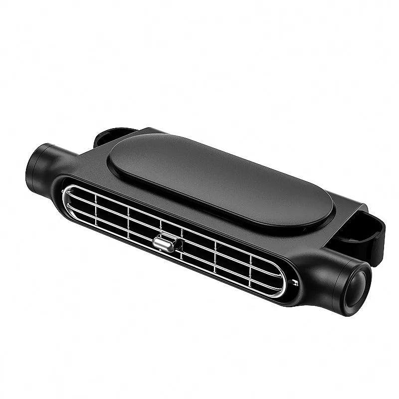 Compact black USB car fan with Velcro strap mounted on a car seat headrest.