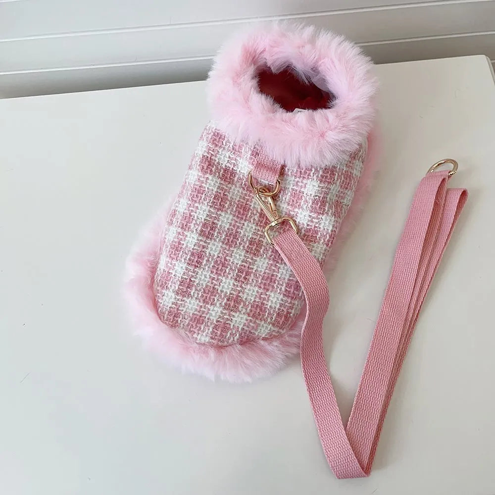 Pink cat costume cloak with matching beret and hand-held rope for female feline dress-up