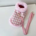 Pink cat costume cloak with matching beret and hand-held rope for female feline dress-up