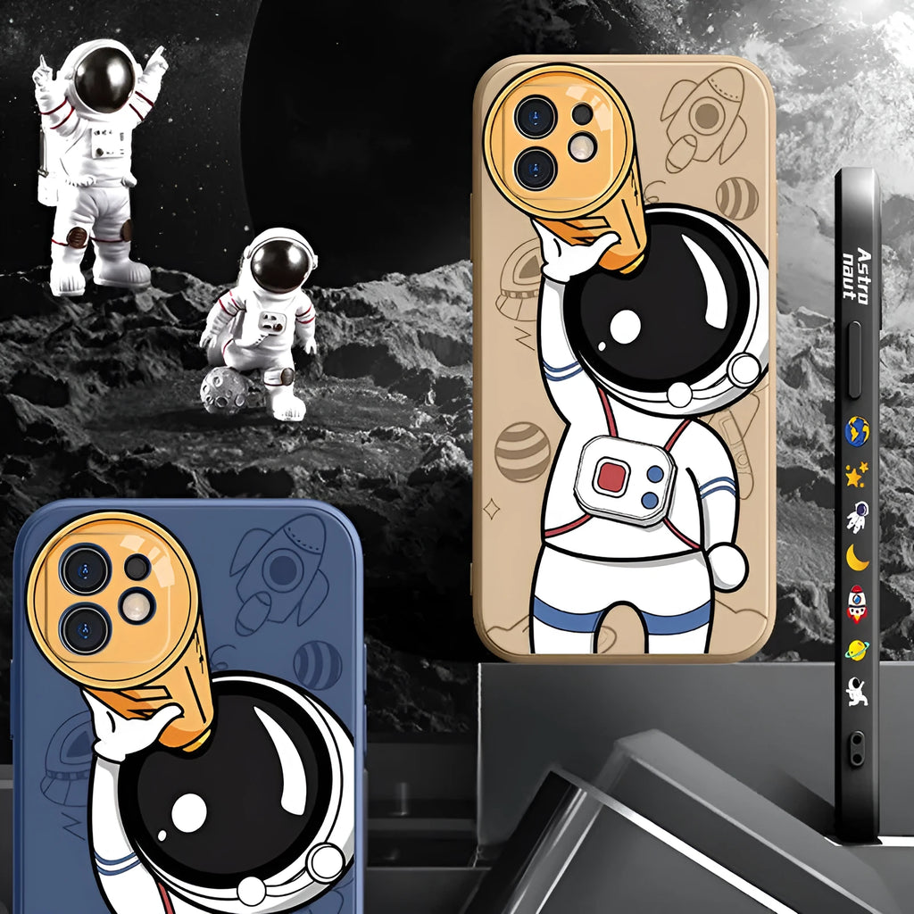 Cartoon astronaut and planet design silicone phone case for iPhone in black, khaki or sea blue.