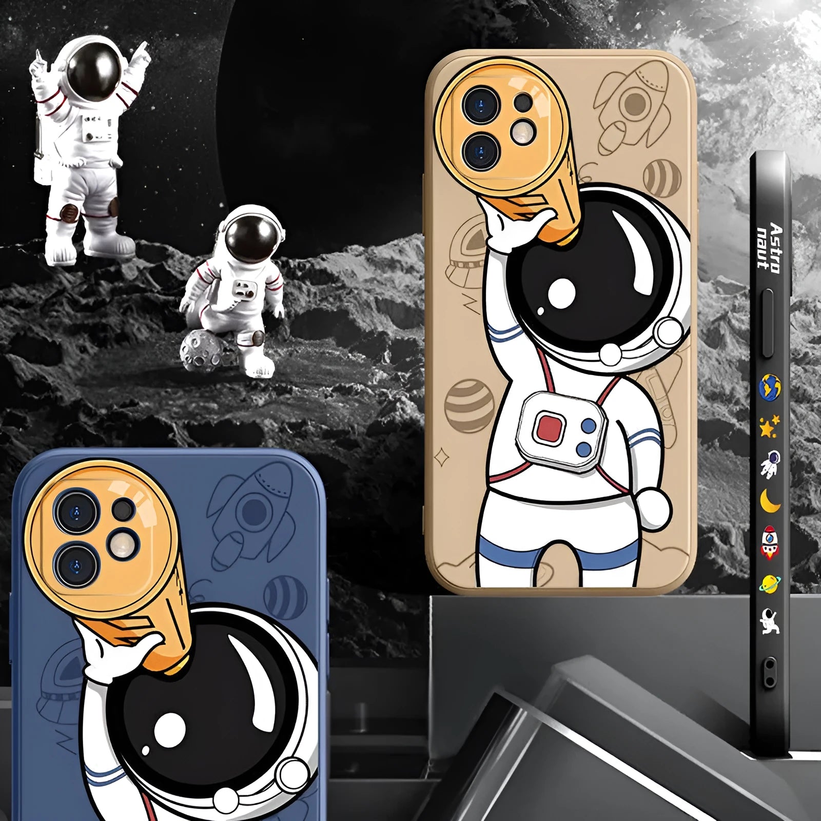 Cartoon astronaut and planet design silicone phone case for iPhone in black, khaki or sea blue.