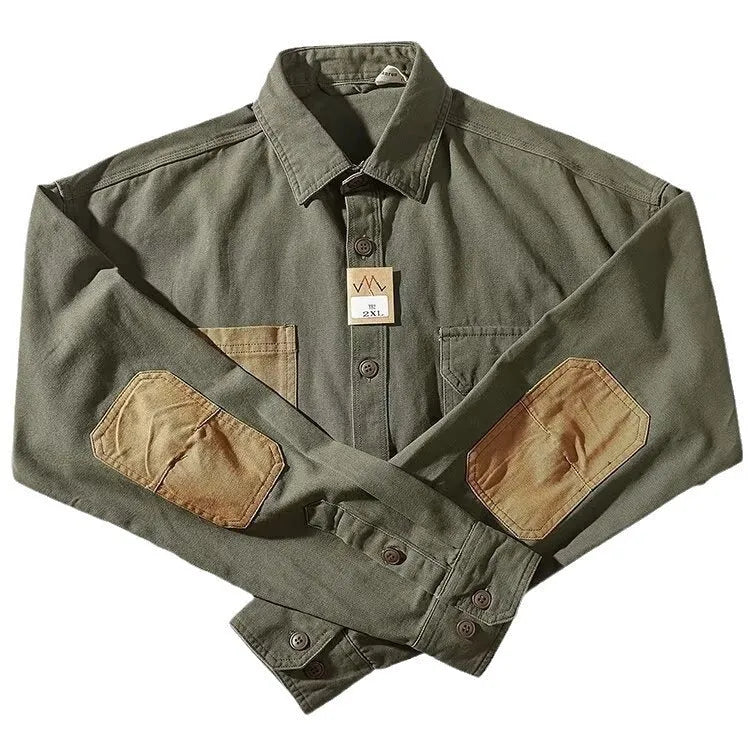 Men's long-sleeved washed cotton-blend shirt in khaki or army green, loose Harajuku retro tooling cardigan style, sizes M-3XL