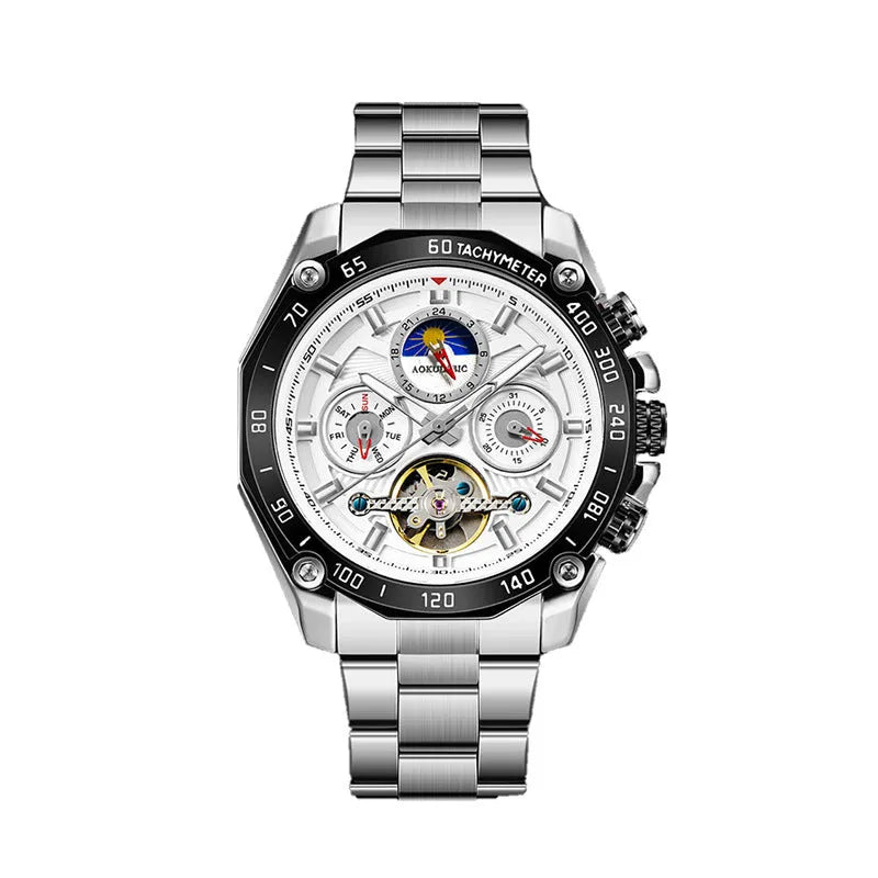 Men's automatic mechanical watch showing various colour options including black steel case and silver case with white dial.