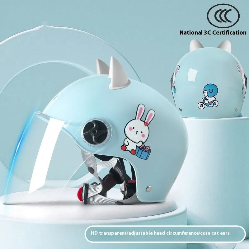 3C certified children's helmet with cat ears design in blue bunny with clear visor for electric car commuting
