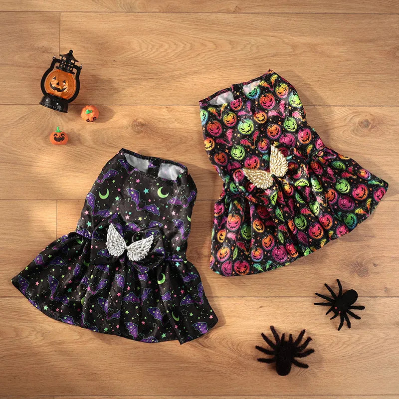 Halloween dog costume with angel wings in bright pumpkin orange colour.