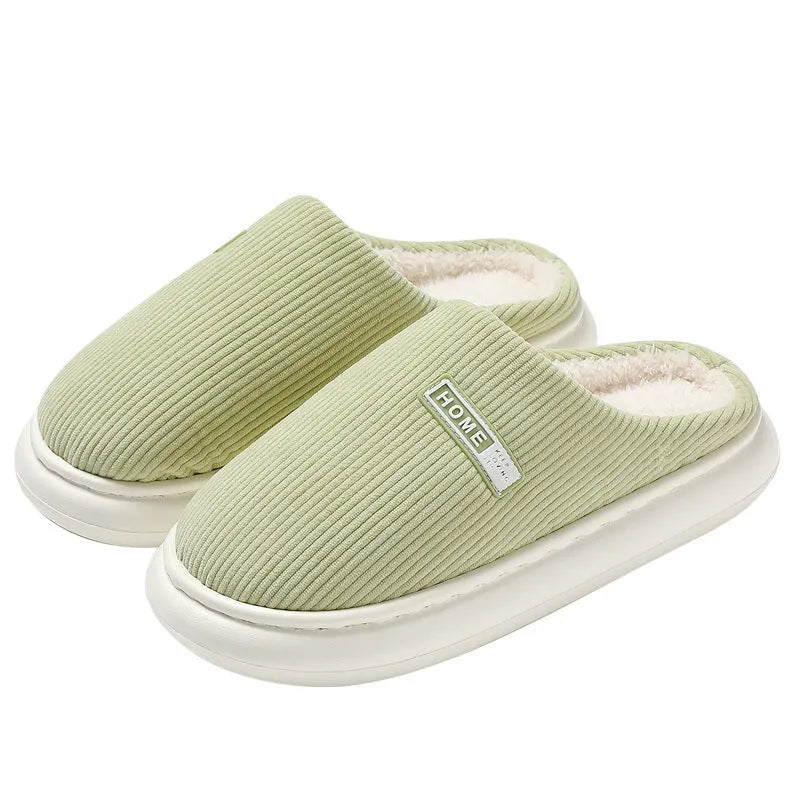 Plush non-slip cotton slippers with striped pattern and EVA sole in gray, green, pink, dark blue, and white