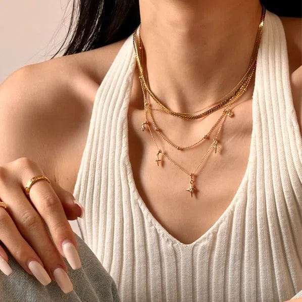 Gold star pendant necklace with brass chain, zircon and natural stone, 41-50cm regular chain for women