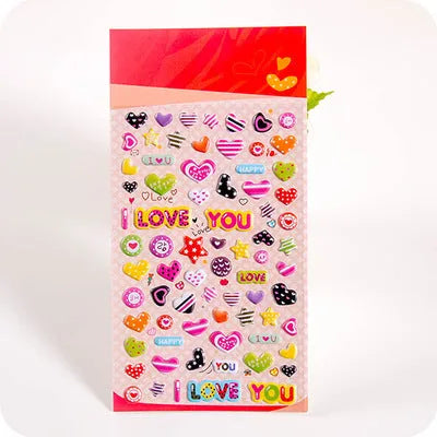 Pack of colourful 3D bubble stickers showing raised cartoon designs of an alpaca, cat, dinosaur, and sweetheart motifs.