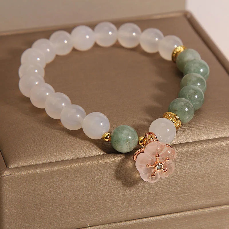 White agate jadeite jade flower pink floral bracelet with natural jade flower-shaped components