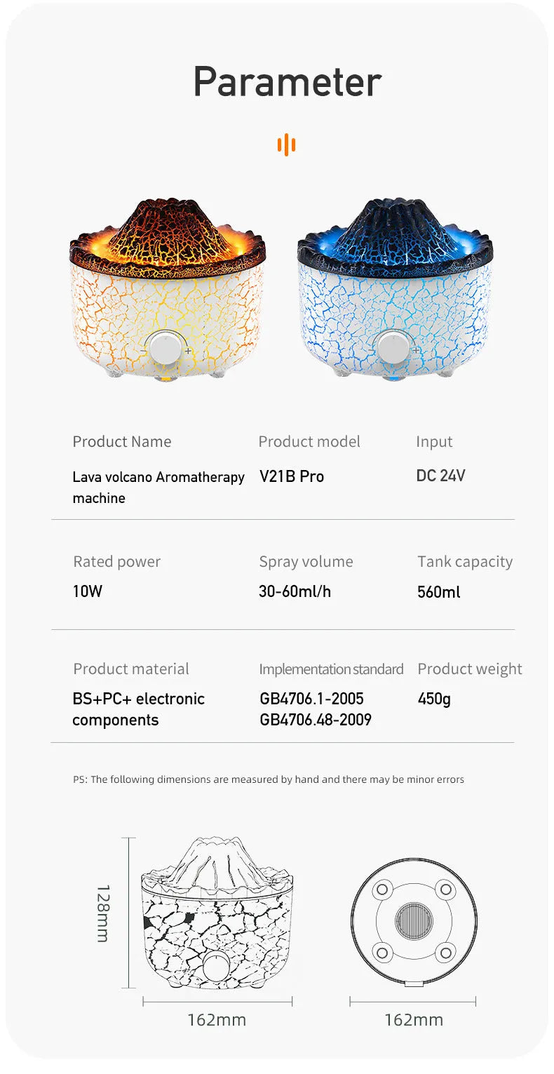 Volcano-shaped humidifier with LED flame effect emitting mist rings for atmospheric room enhancement