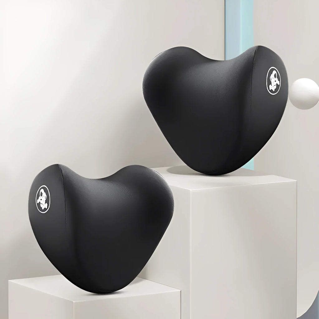 Car pillow set with heart-shaped memory foam headrest and matching lumbar support pillow in cotton cover