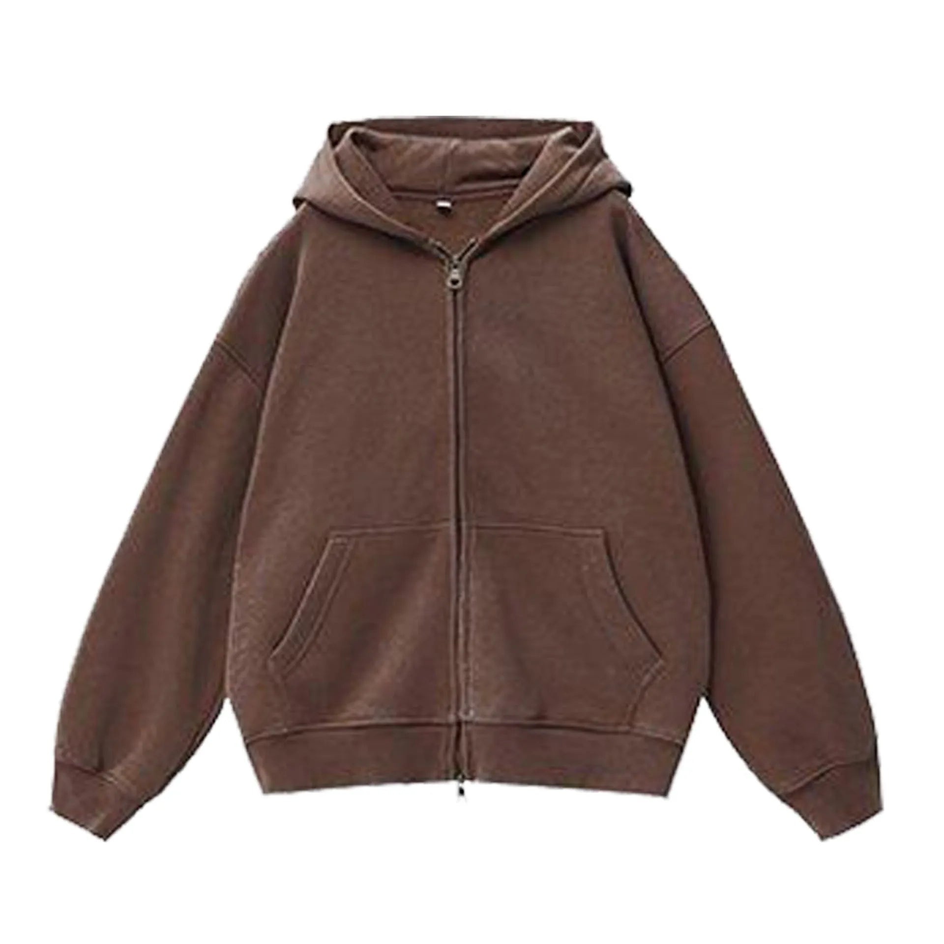 A women's loose-fit hooded cardigan sweater in a distressed colour, showing patch pockets and drop-shoulder sleeves.
