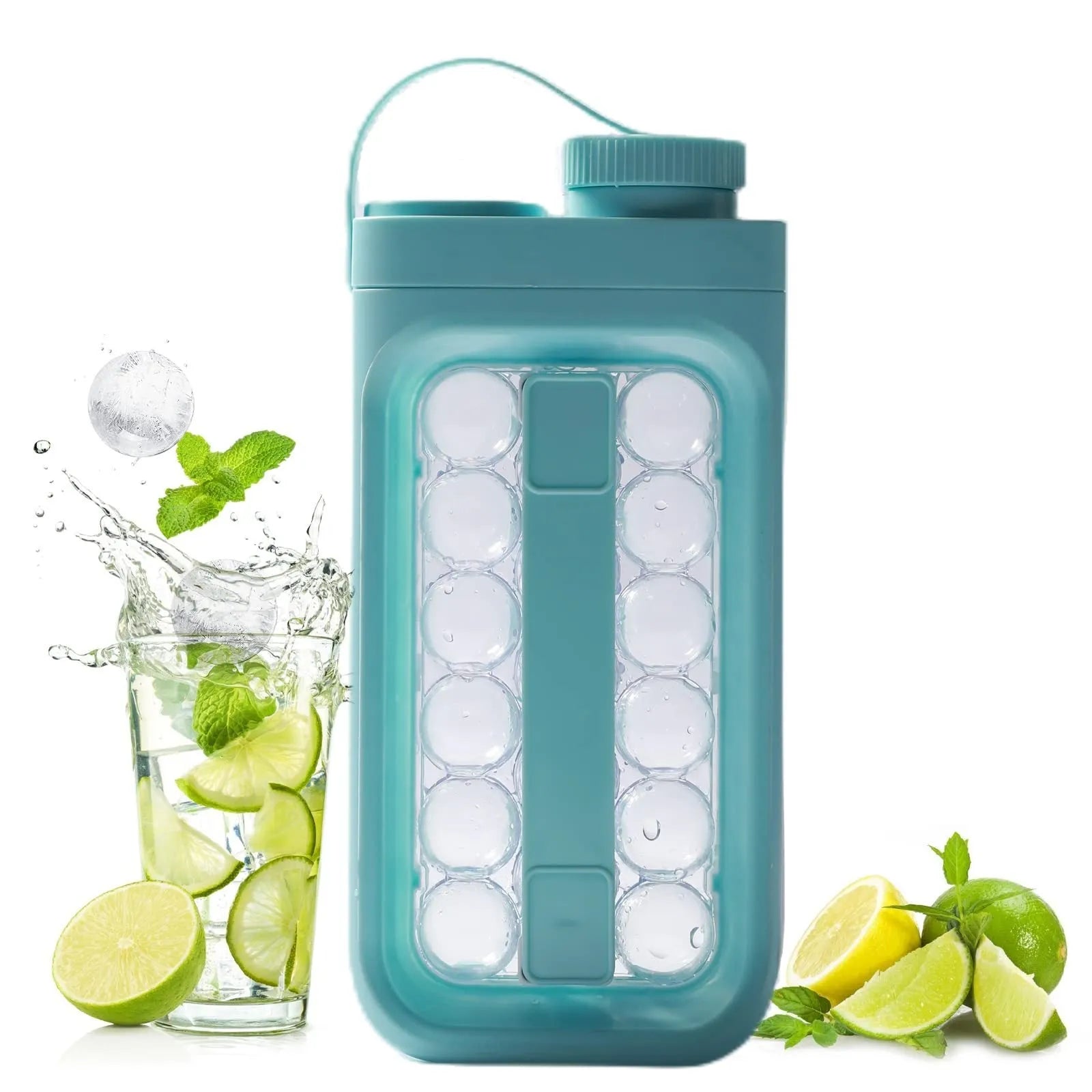 Light blue and white portable ice ball kettle with quick release mould, shown making 17 ice balls.