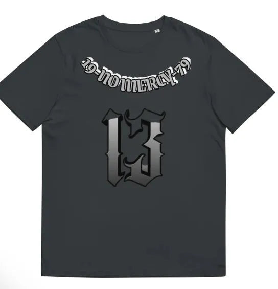 Man wearing a black t-shirt with a 3D digital print design on the front.
