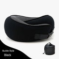 Navy blue memory foam U-shaped travel neck pillow rolled up next to its carry bag