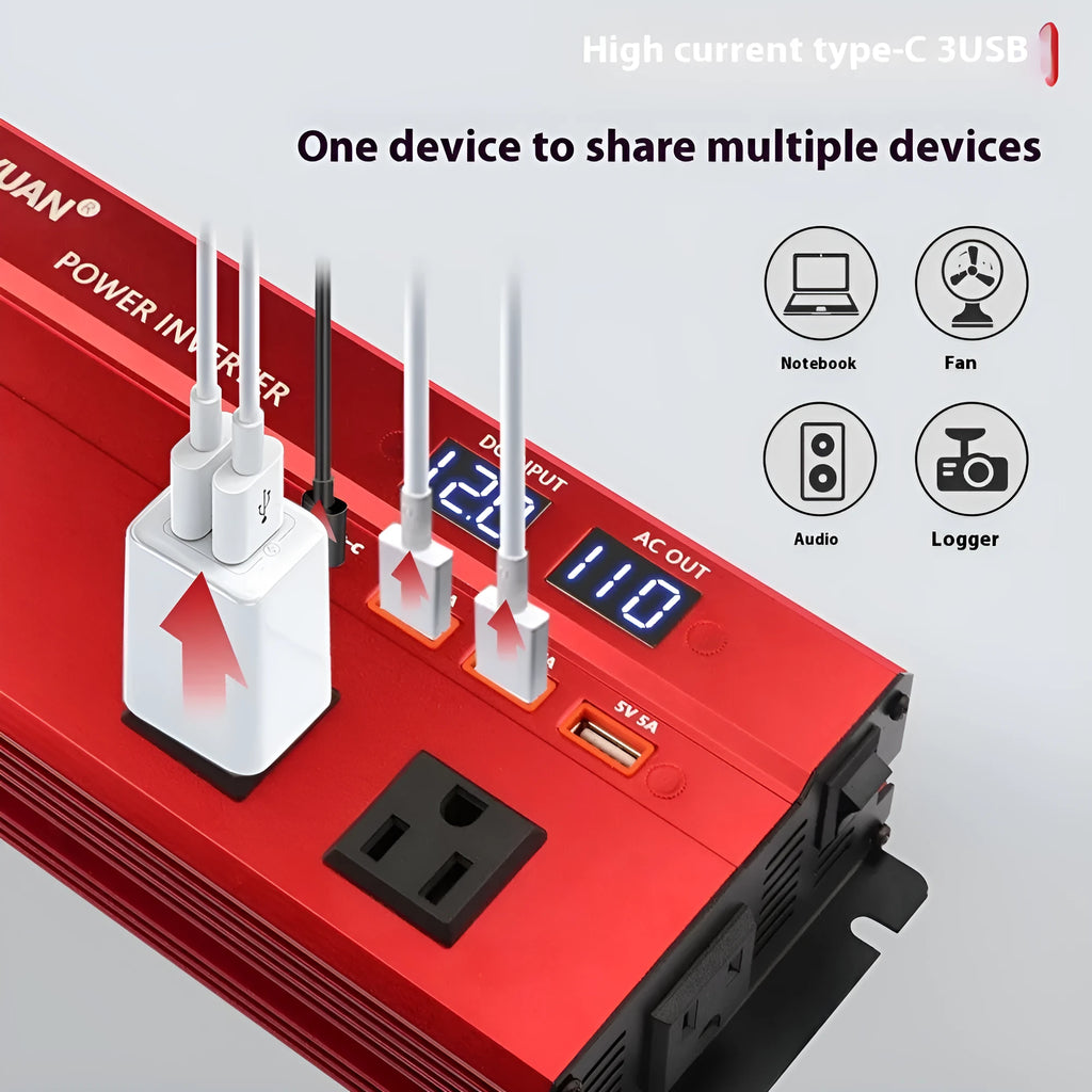1200W car inverter 12V 24V to 110V US outlet, black or red, 26cm x 10cm x 5.5cm, LED display