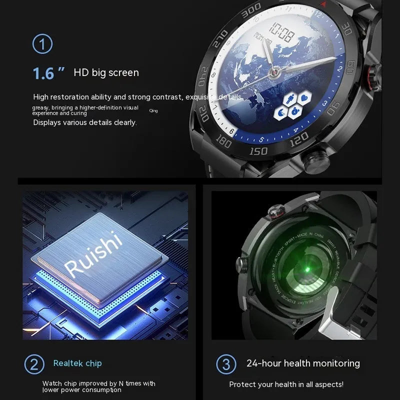 Smart watch with 1.6-inch full HD screen, black steel strap, wireless fast charging, waterproof, heart rate and blood pressure monitoring