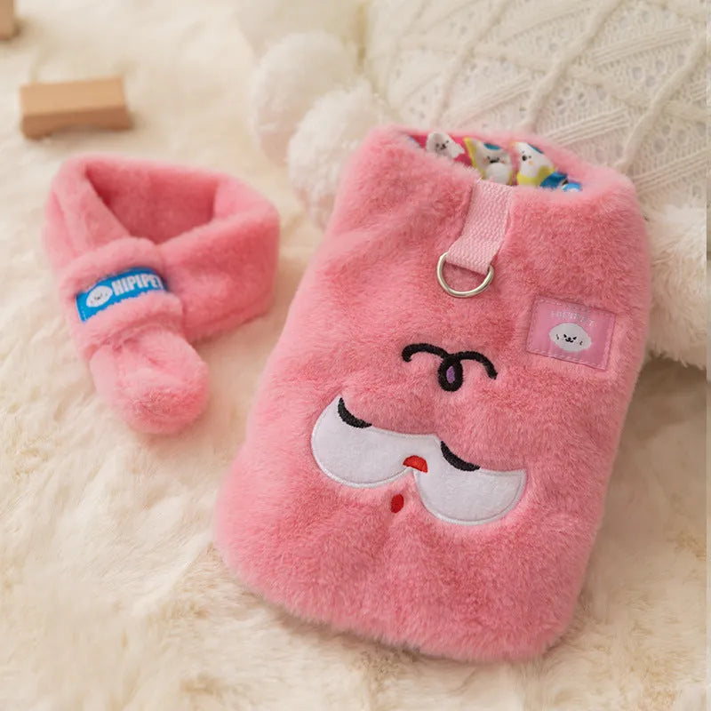 Pink Korean dog hoodie with cute cartoon bear print and scarf on a small teddy dog