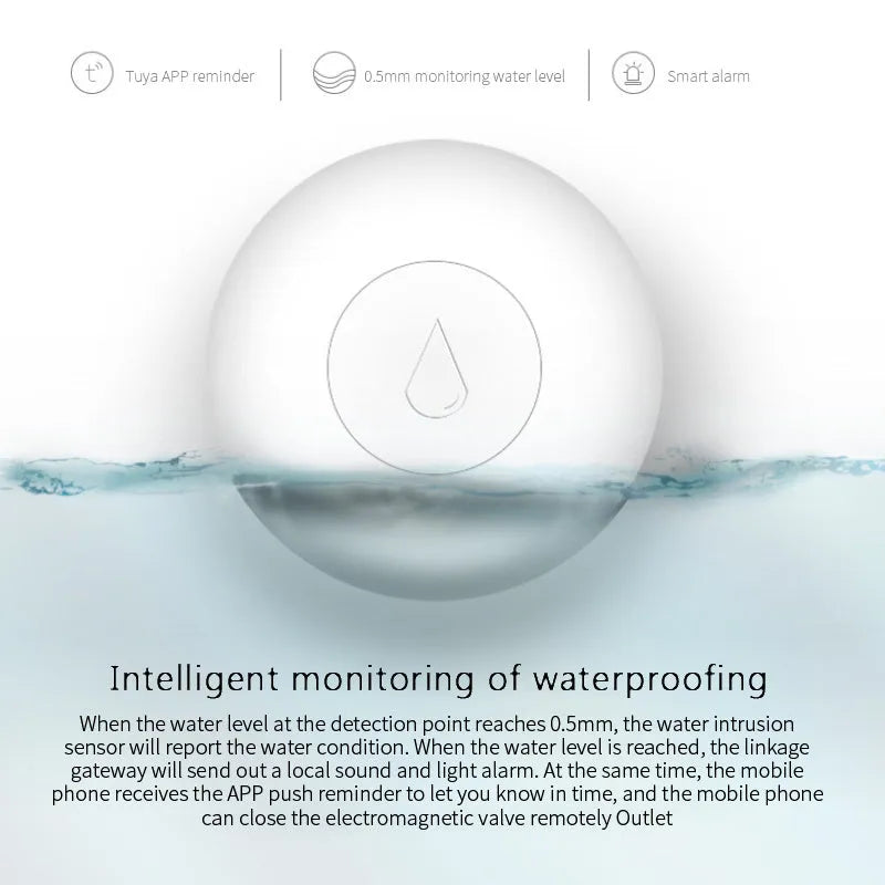 Zigbee wireless water flood sensor on a white background, showing compact size.