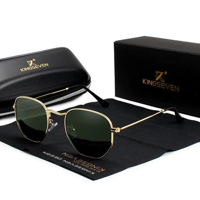 Classic round-frame sunglasses for men in black, showing polarised lenses and acetate build on a wooden surface.