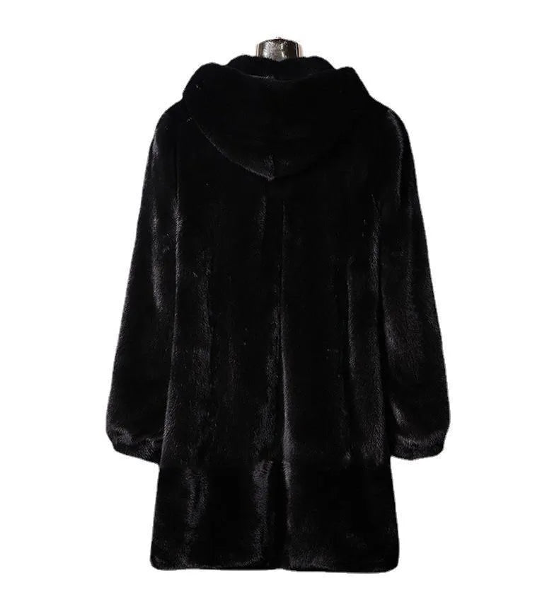 Women's black faux fur hooded coat for autumn and winter street fashion