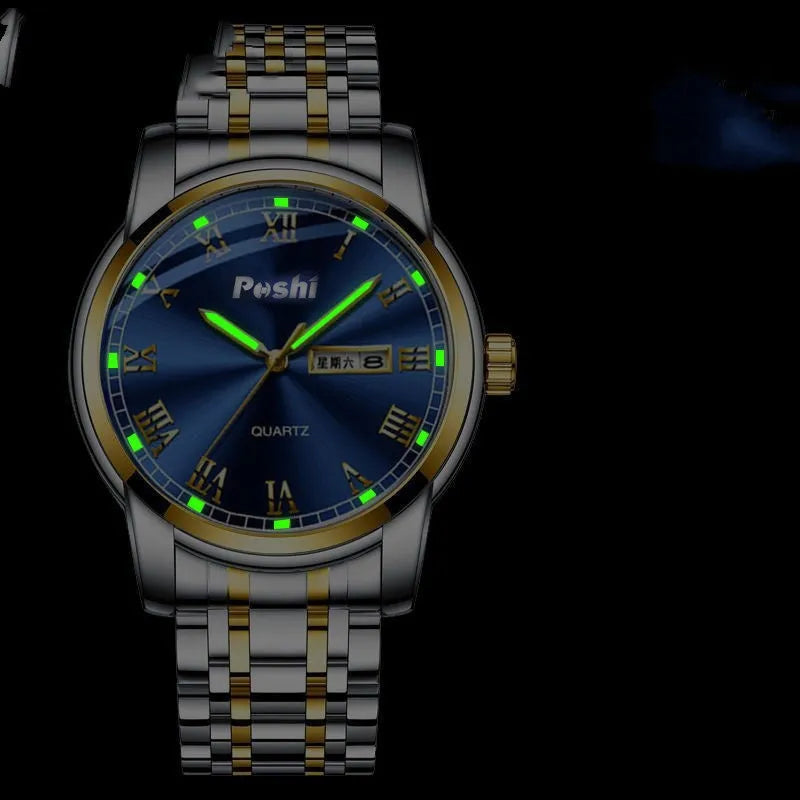 Men's quartz watch with stainless steel strap, double calendar, luminous dial, round alloy case, available in gold black blue silver