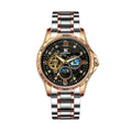 Men's rose gold and black automatic mechanical watch with a large 42mm dial on a leather strap