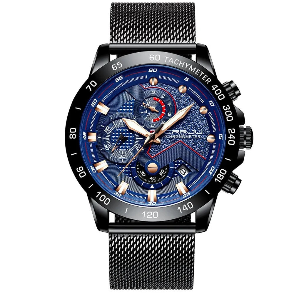 Multi-function six-needle chronograph watch with stainless steel strap and IP blue alloy case model 2280