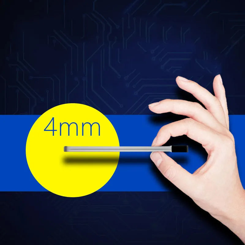 Silver aluminium graphene power bank showing slim 4mm profile with Lightning and Micro-USB ports