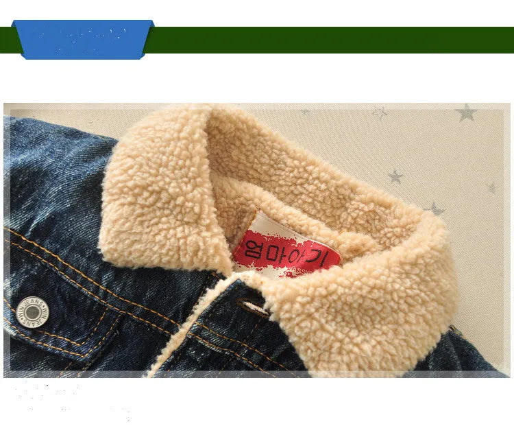 Children's baby thickened fleece-lined Korean style denim jacket with fur collar in denim colour, size 110 cm