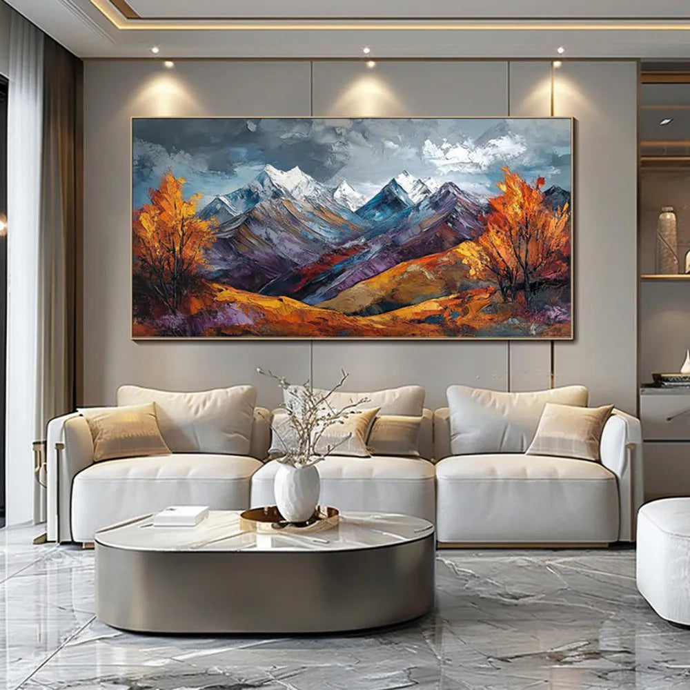 Handmade oil painting on canvas of a snow mountain and autumn scenery, frameless and rolled for home wall decor