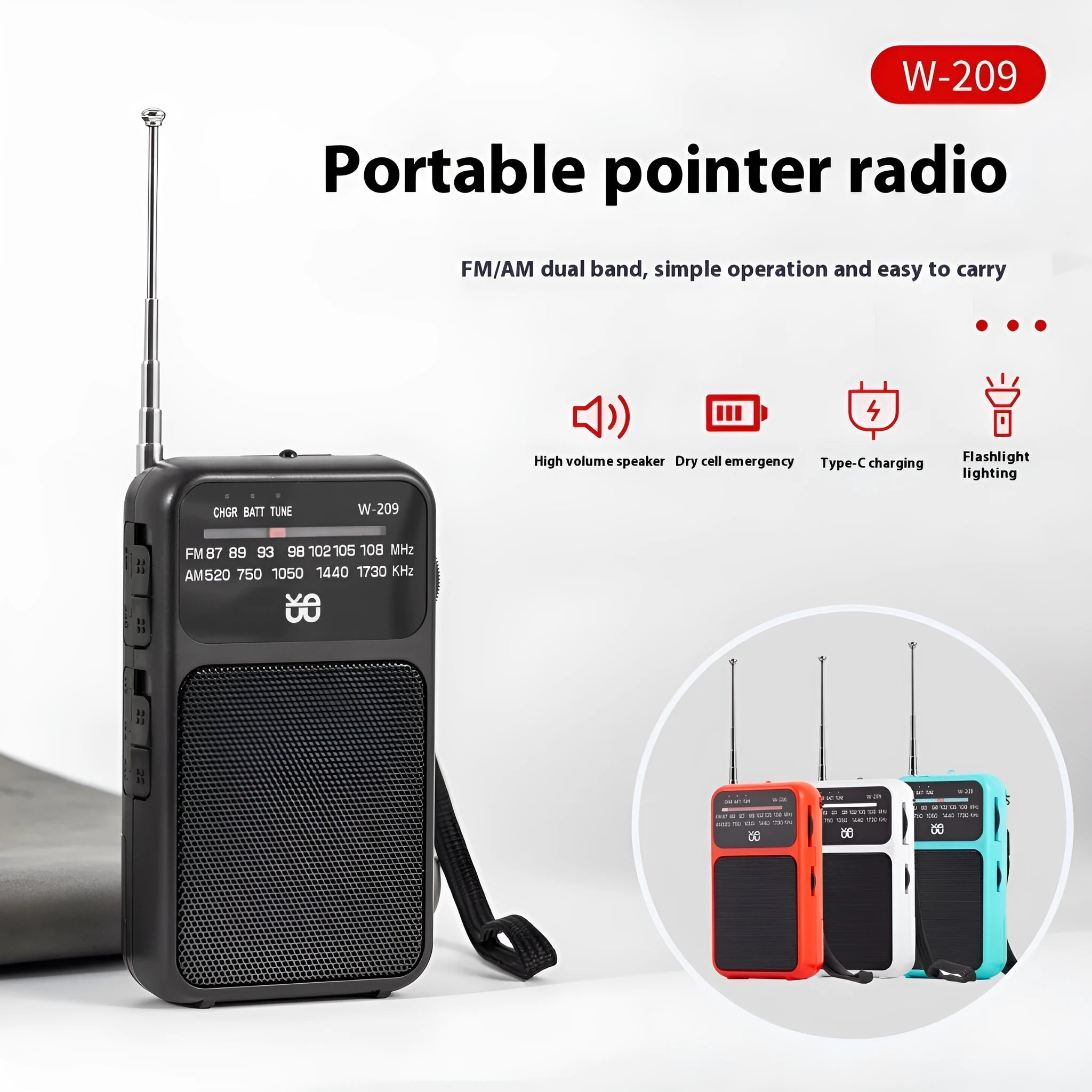 Portable FM/AM pocket radio in black with built-in flashlight, ABS construction, 110x60x27mm