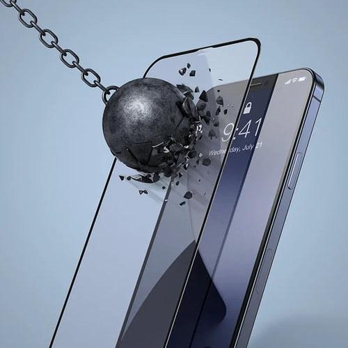 0.23mm curved tempered glass film for iPhone 12 mini in solid black, with non-broken edge and full-screen coverage.