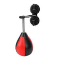 Pear-shaped inflatable hanging boxing ball with double suction cup mount, shown with pump and handle.