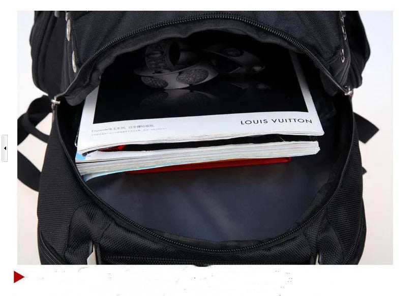 Black polyester travel outdoor backpack with shoulder pad, hard handle and metal element