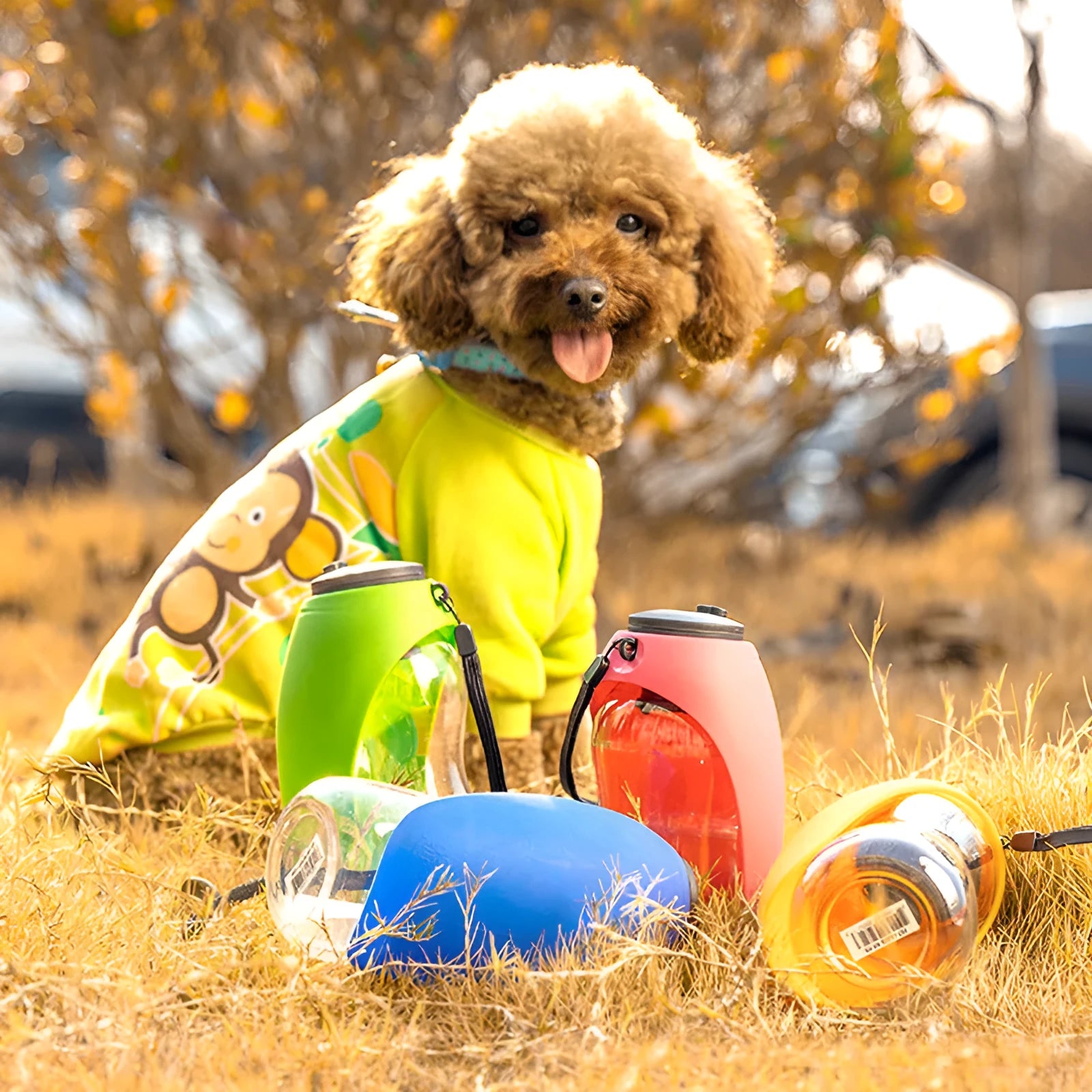 Blue portable pet water bottle with attached drinking bowl for dogs and cats