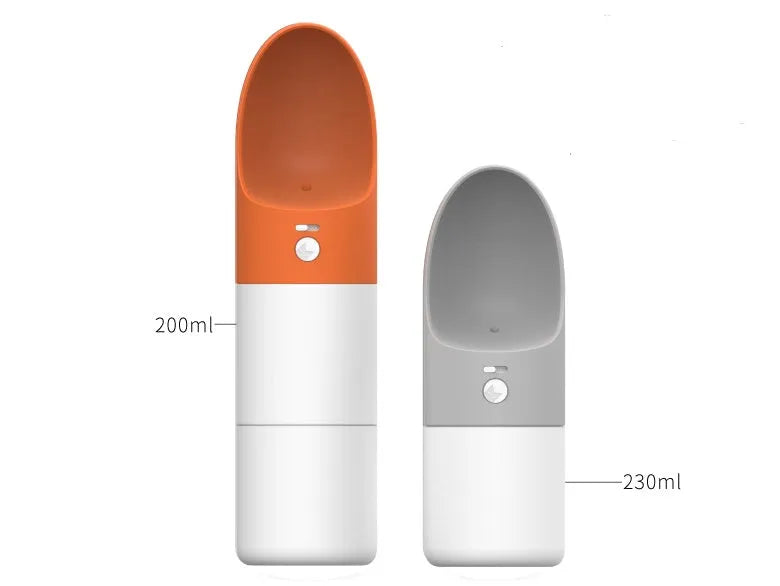 Moestar rocket-shaped pet drinking cup in white with grey or orange accents showing one-button lock mechanism