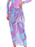 Conservative blue swimwear three-piece set with apron cover-up on hanger