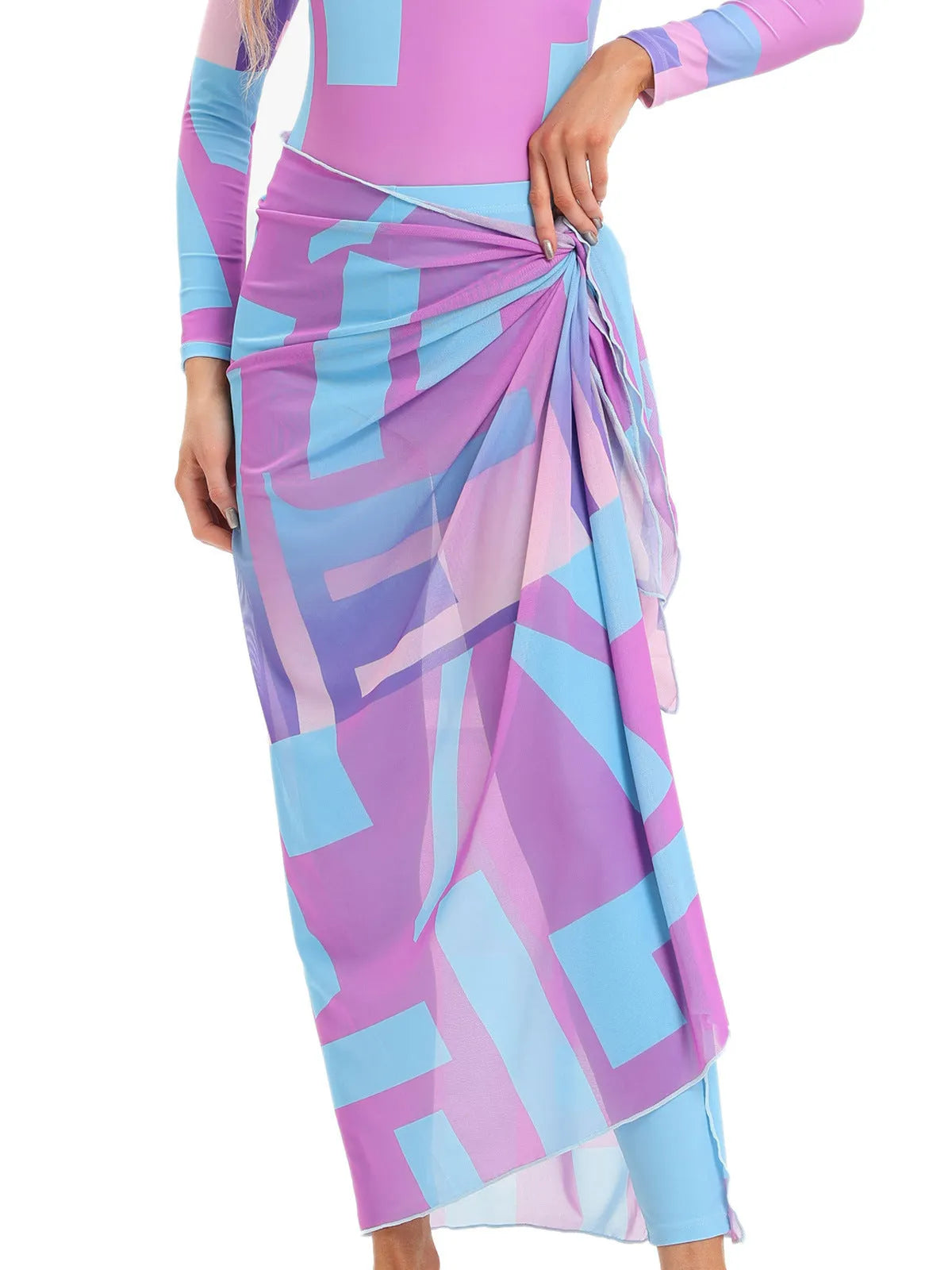 Conservative blue swimwear three-piece set with apron cover-up on hanger