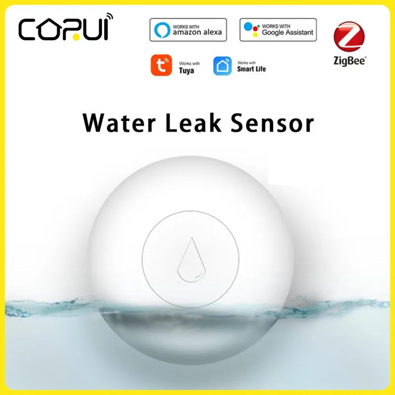 Zigbee wireless water flood sensor on a white background, showing compact size.