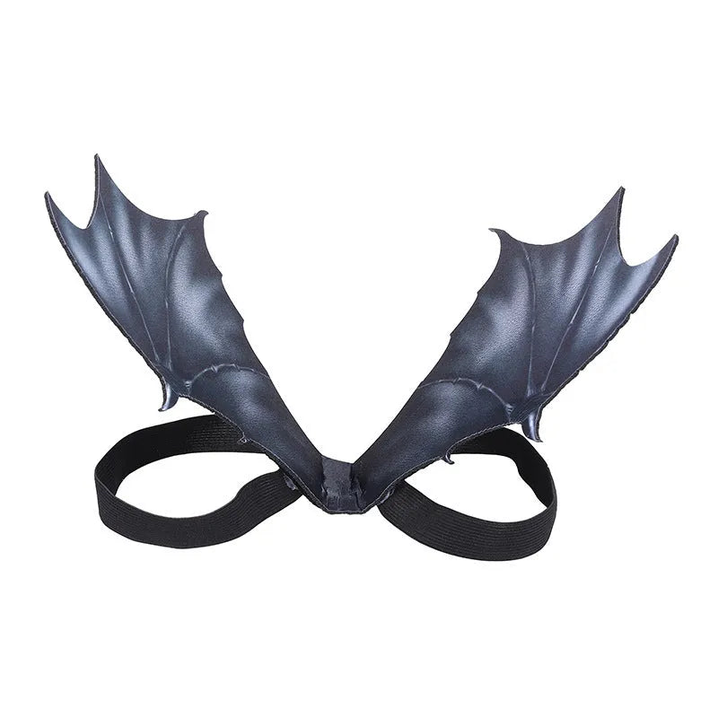 Black cloth bat wings Halloween costume accessory for a dog or cat, showing three size options.