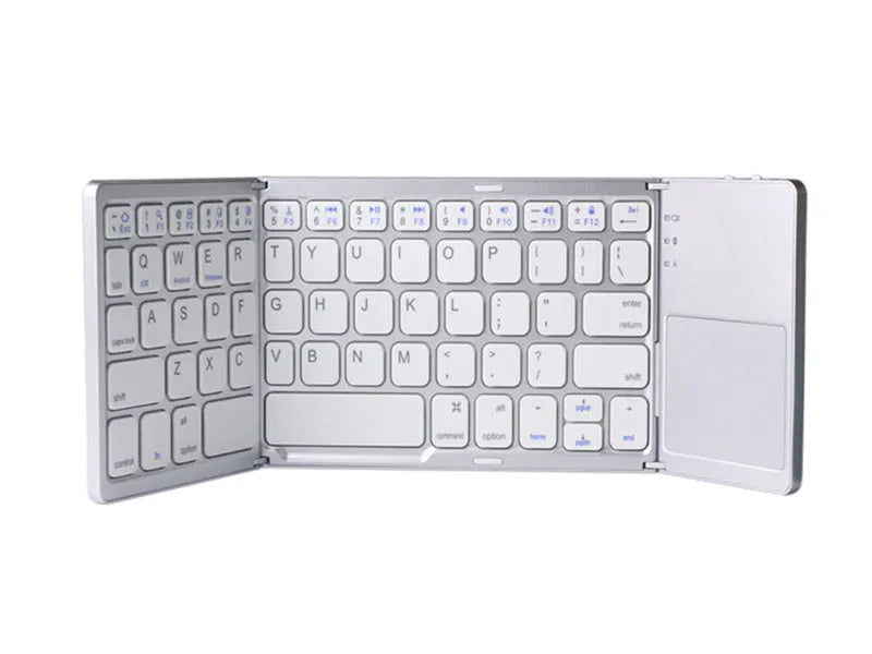 Ultra-thin tri-fold folding Bluetooth keyboard with touchpad in black or silvery white, showing folded and open positions