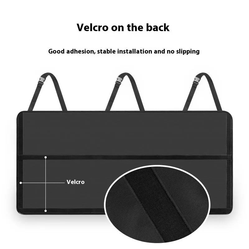 Multifunctional mesh pocket car storage box in black Oxford cloth with hanging straps