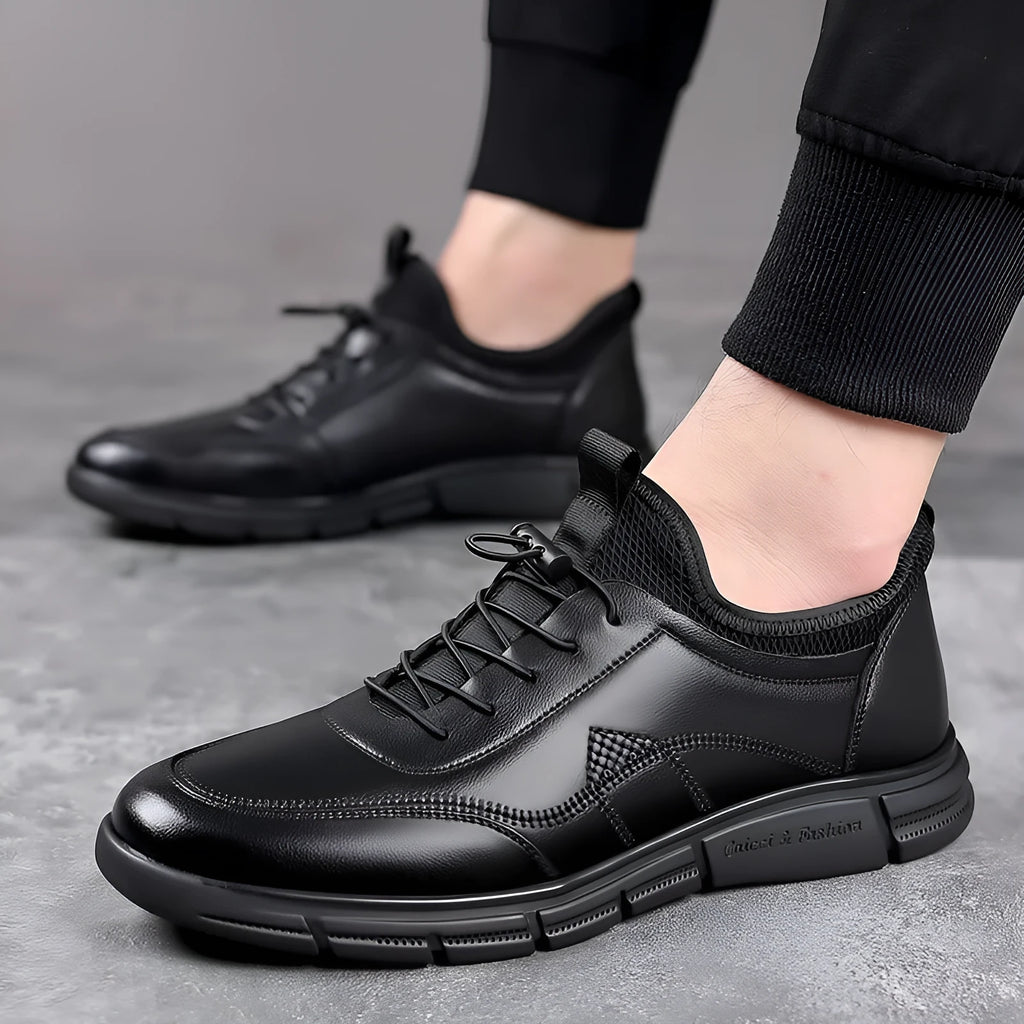 Black men's casual slip-on shoes with leather stitching and square low heel on non-slip rubber sole