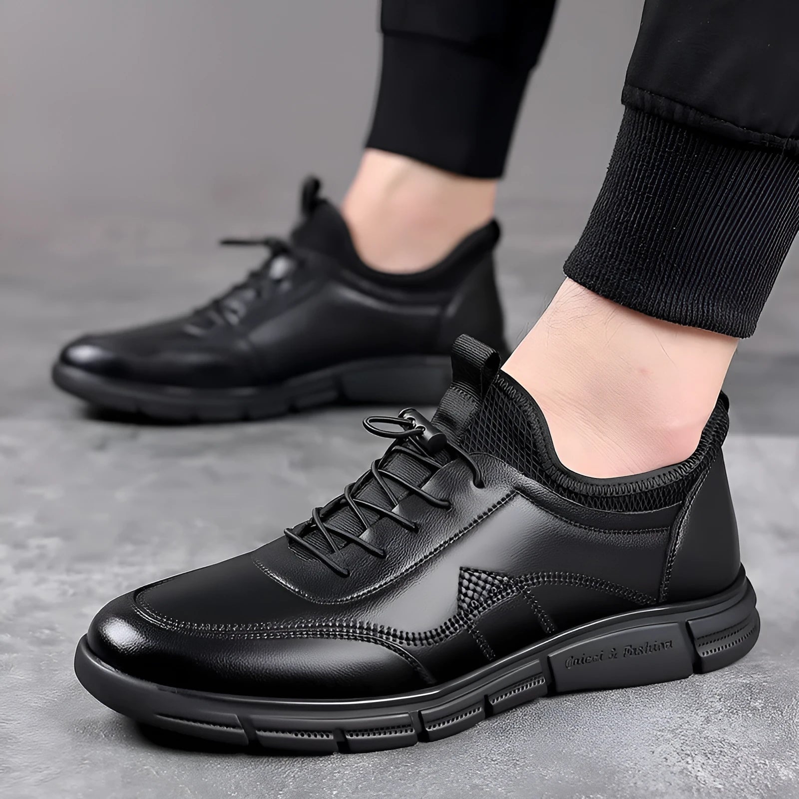 Black men's casual slip-on shoes with leather stitching and square low heel on non-slip rubber sole