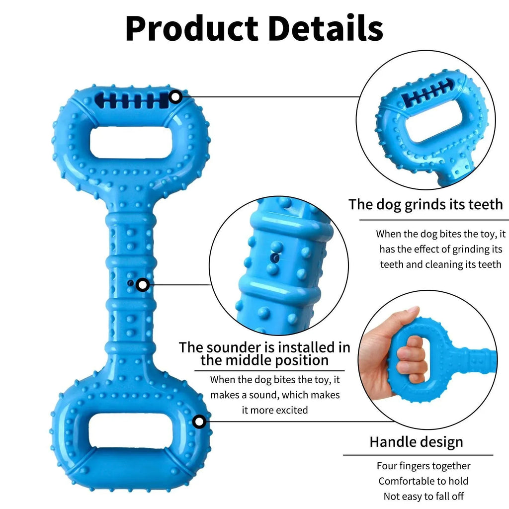Blue dog bone toy with pull band for aggressive chewers